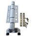 Metal door hinge with additional components on a white background